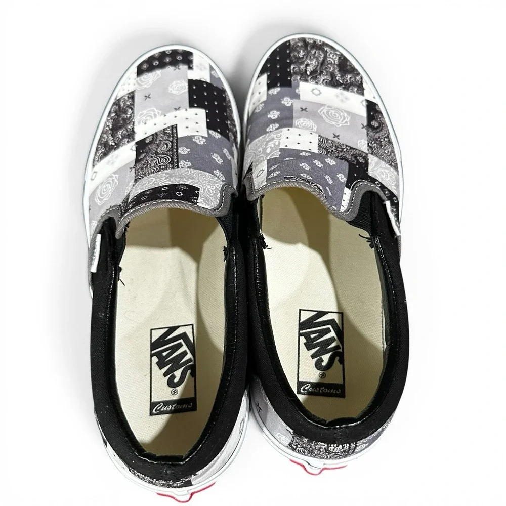 Vans Slip Ons Black & White Patchwork Bandana Shoes - Mens 9.5 / Womens 11 - EUC